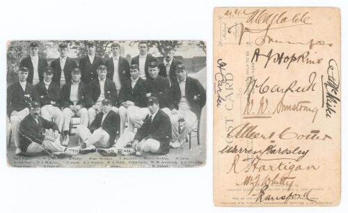 Australia tour to England 1909. &lsquo;The Australian Team 1909&rsquo;. Early mono postcard of the Australian touring party seated and standing in rows wearing tour blazers and caps. Printed title and players&rsquo; names to lower edge. Nicely signed in ink to verso by twe