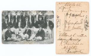 Australia tour to England 1909. &lsquo;The Australian Team 1909&rsquo;. Early mono postcard of the Australian touring party seated and standing in rows wearing tour blazers and caps. Printed title and players&rsquo; names to lower edge. Nicely signed in ink to verso by twe