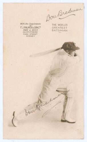 Donald George &lsquo;Don&rsquo; Bradman. New South Wales, South Australia & Australia 1927-1949. Unusual and attractive sepia printed plain back advertising postcard of Bradman in cameo playing a drive, wearing Australia Test cap. Printed title to top &lsquo;Don Bradman. T