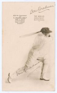 Donald George &lsquo;Don&rsquo; Bradman. New South Wales, South Australia & Australia 1927-1949. Unusual and attractive sepia printed plain back advertising postcard of Bradman in cameo playing a drive, wearing Australia Test cap. Printed title to top &lsquo;Don Bradman. T