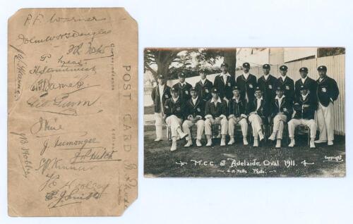 &lsquo;M.C.C. at Adelaide Oval. 1911&rsquo;. Two identical copies of an early sepia/ mono real photograph postcard of the M.C.C. touring party seated and standing in rows wearing tour blazers and caps, by C.A. Petts of Adelaide. Printed title to lower edge. One copy,