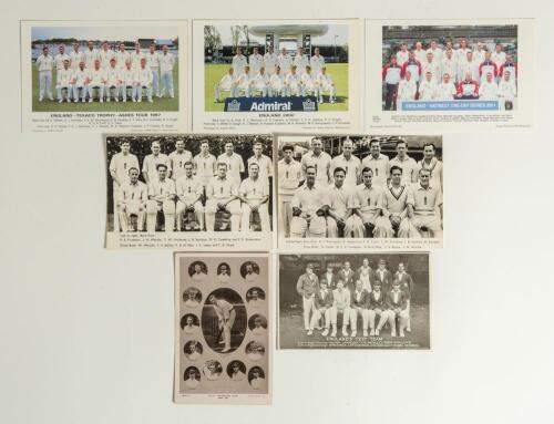 England cricket team postcards. A selection of postcards featuring the Test and One day teams. Real photograph postcard of the M.C.C. Australian Team 1907/08, the players in cameo (Rotary Series), &lsquo;England&rsquo;s Test Team 1926 (C.E. Smith, The Oval), England 