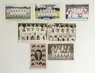England cricket team postcards. A selection of postcards featuring the Test and One day teams. Real photograph postcard of the M.C.C. Australian Team 1907/08, the players in cameo (Rotary Series), &lsquo;England&rsquo;s Test Team 1926 (C.E. Smith, The Oval), England 