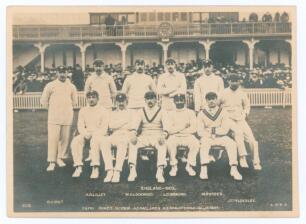 &lsquo;England 1902&rsquo;. Early original sepia postcard of the England team for the Ashes series, the players seated and standing in rows wearing cricket attire. Printed title and players&rsquo; names to lower border. Players are MacLaren (Captain), Fry, Jackson, Ranjits
