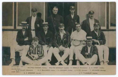 England v Australia 1905. Early original sepia real photograph postcard of the England team for the 4th Test at Old Trafford, 24th- 26th July 1905, the players seated and standing in rows wearing assorted blazers and caps. Players&rsquo; names printed to lower 