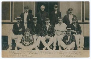England v Australia 1905. Early original sepia real photograph postcard of the England team for the 4th Test at Old Trafford, 24th- 26th July 1905, the players seated and standing in rows wearing assorted blazers and caps. Players&rsquo; names printed to lower 
