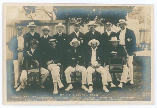 M.C.C. tour to Australia 1903/04. &lsquo;Mr P.F. Warner&rsquo;s Team&rsquo;. Early original sepia postcard of the players seated and standing in rows wearing cricket attire, blazers and assorted headgear. Printed title and players&rsquo; names to lower border. Players are Warner
