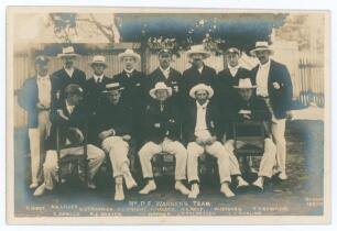 M.C.C. tour to Australia 1903/04. &lsquo;Mr P.F. Warner&rsquo;s Team&rsquo;. Early original sepia postcard of the players seated and standing in rows wearing cricket attire, blazers and assorted headgear. Printed title and players&rsquo; names to lower border. Players are Warner
