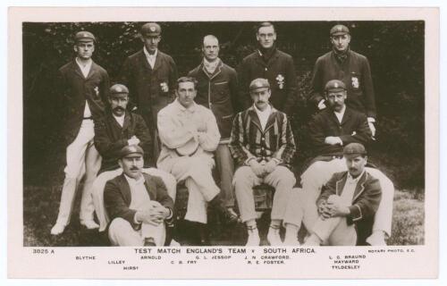 England v South Africa 1912. Triangular Test Tournament. &lsquo;Test Match England&rsquo;s Team v South Africa&rsquo;. Early original mono real photograph postcard of the England team, the players seated and standing in rows wearing assorted blazers and caps. Players&rsquo; name