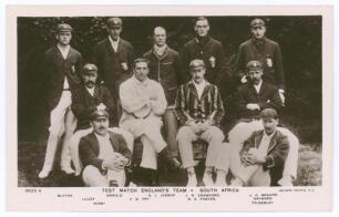 England v South Africa 1912. Triangular Test Tournament. &lsquo;Test Match England&rsquo;s Team v South Africa&rsquo;. Early original mono real photograph postcard of the England team, the players seated and standing in rows wearing assorted blazers and caps. Players&rsquo; name