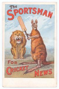&lsquo;The Sportsman for Cricket News&rsquo; c.1899. Early and attractive original colour postcard with decorative printed title, featuring a kangaroo in batting stance at the wicket and a roaring lion in wicket-keeping pose. Hill, Siffken & Co., (L.P.A. Ltd.), Londo