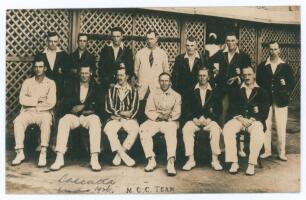 M.C.C. tour to India 1926/27. Original sepia real photograph advertising postcard of the M.C.C. touring party seated and standing in rows with cricket attire and blazers. Printed title to lower edge &lsquo;M.C.C. Team&rsquo; with handwritten annotation in ink &lsquo;Calcut