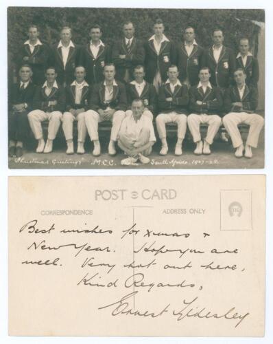 M.C.C. tour to South Africa 1927/28. Original sepia real photograph postcard of the M.C.C. touring party seated and standing in rows wearing cricket attire and tour blazers. Printed title to lower edge &lsquo;&rdquo;Christmas Greetings&rdquo; M.C.C. Team South Africa 1927-