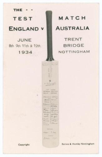 The Ashes 1934. &lsquo;The Test Match. England v Australia. June 8th, 9th, 11th & 12th 1934. Trent Bridge, Nottingham&rsquo;. Rarer mono real photograph postcard of a cricket bat signed by the England and Australia teams for the Trent Bridge Test match. Published by 