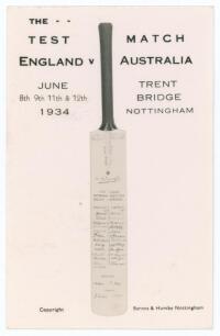 The Ashes 1934. &lsquo;The Test Match. England v Australia. June 8th, 9th, 11th & 12th 1934. Trent Bridge, Nottingham&rsquo;. Rarer mono real photograph postcard of a cricket bat signed by the England and Australia teams for the Trent Bridge Test match. Published by 