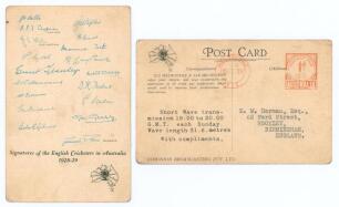 M.C.C. tour to Australia 1928/29. &lsquo;Signatures of the English Cricketers in Australia 1928-29&rsquo;. Original postcard with printed title and facsimile signatures of the M.C.C. touring party printed in blue. Published by Dominion Broadcasting Pty. Ltd., Melbour
