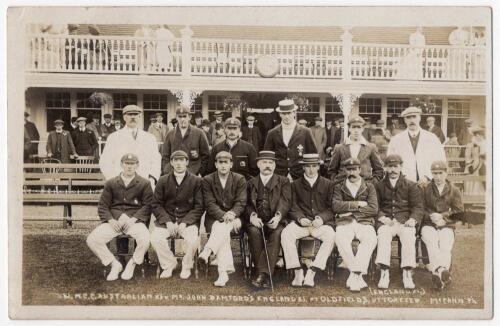 &lsquo;M.C.C. Australian XI v. Mr. John Bamford&rsquo;s England XI at Oldfields, Uttoxeter (England XI)&rsquo; 1908. Rare and early sepia real photograph postcard of the Bamford England XI seated and standing in rows wearing blazers and assorted headgear, the pavilion in t