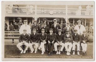 &lsquo;M.C.C. Australian XI v. Mr. John Bamford&rsquo;s England XI at Oldfields, Uttoxeter (England XI)&rsquo; 1908. Rare and early sepia real photograph postcard of the Bamford England XI seated and standing in rows wearing blazers and assorted headgear, the pavilion in t
