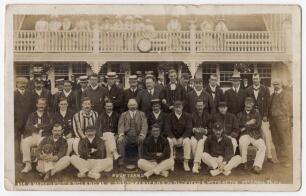 &lsquo;Mr. J. Bamford&rsquo;s England XI v South Africans at Oldfields, Uttoxeter&rsquo; 1907. Rare and early sepia real photograph postcard of both teams seated and standing in rows wearing blazers and assorted headgear, the pavilion in the background. The printed title i