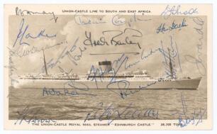 M.C.C. tour of South Africa 1956/57. Rarer sepia postcard of the Union-Castle Line R.M.S. &lsquo;Edinburgh Castle&rsquo; which took the team to South Africa. Very nicely and fully signed in ink to card face by the nineteen members of the touring party. Signatures are