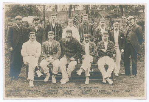&lsquo;South of England XI v The Australian [sic]&rsquo; 1899. Rarer early sepia real photograph postcard of the South team seated and standing in rows wearing cricket attire, caps and blazers, for the opening match of the tour played at Crystal Palace, 8th- 10th May