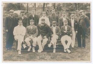 &lsquo;South of England XI v The Australian [sic]&rsquo; 1899. Rarer early sepia real photograph postcard of the South team seated and standing in rows wearing cricket attire, caps and blazers, for the opening match of the tour played at Crystal Palace, 8th- 10th May