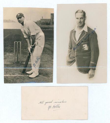 Jack Hobbs and Herbert Sutcliffe. Two mono real photograph plain back postcards, one of Hobbs in batting pose at the wicket, nicely signed in ink &lsquo;J.B. Hobbs&rsquo; and again to the verso &lsquo;With compliments and many thanks for your very nice letter, JBH&rsquo;, dated 