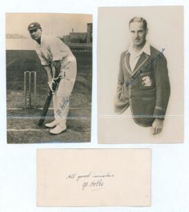 Jack Hobbs and Herbert Sutcliffe. Two mono real photograph plain back postcards, one of Hobbs in batting pose at the wicket, nicely signed in ink &lsquo;J.B. Hobbs&rsquo; and again to the verso &lsquo;With compliments and many thanks for your very nice letter, JBH&rsquo;, dated 