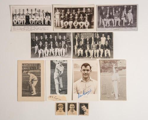 Cricket postcards 1904-1950s. Eight postcards, the majority real photographs. Includes individual player postcards of Percy Chapman with signature in ink on piece laid down (now detached), Alec Bedser, nicely signed in ink, F.C. Dick Oval Bookstall, Arthu