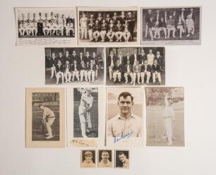 Cricket postcards 1904-1950s. Eight postcards, the majority real photographs. Includes individual player postcards of Percy Chapman with signature in ink on piece laid down (now detached), Alec Bedser, nicely signed in ink, F.C. Dick Oval Bookstall, Arthu