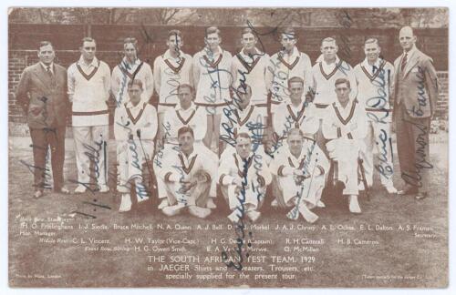 South Africa tour to England 1929. Sepia printed advertising postcard published by Jaeger of &lsquo;The South Africa Team 1929 in Jaeger Shirts and Sweaters, Trousers, etc. specially supplied for the present tour&rsquo;. Nicely signed in ink by seventeen members of t
