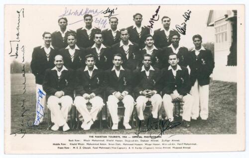 Pakistan inaugural tour to England 1954. Official mono real photograph plain back postcard of the Pakistan team seated and standing in rows wearing tour blazers. Printed title and players names to lower border. Signed in ink to the photograph by eight pla