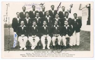Pakistan inaugural tour to England 1954. Official mono real photograph plain back postcard of the Pakistan team seated and standing in rows wearing tour blazers. Printed title and players names to lower border. Signed in ink to the photograph by eight pla