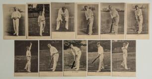 Wrench Series postcards early 1900s. A selection of eleven mono/ sepia postcards of individual players. W. Lockwood series no. 1686, John Gunn no. 1691, A.A. Lilley no. 1692, T. Hayward no. 1693, A.O. Jones no. 1694, R. Abel no. 1695, C. Blythe no. 1749, 