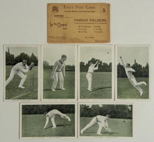 &lsquo;Famous Fielders. In the Open&rsquo; series no. 6452, first published by Raphael Tuck & Son in 1907. Full set of six colour postcards from photographs by G.W. Beldam of fielders being J. Tunnicliffe, Clem Hill, W.W. Armstrong, M.A. Noble, G.L. Jessop and A.A. L