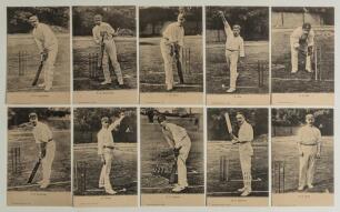 Wrench Series postcards early 1900s. A selection of ten mono/ sepia postcards of individual players. K.S. Ranjitsinhji, two different batting poses, series nos. 1379 & 1380, E.H. Killick no. 1382, J. Vine no. 1383, H.R. Butt no. 1385, J.T. Tyldesley no. 1