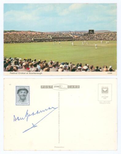 Don Bradman. Australia. &lsquo;Festival Cricket at Scarborough&rsquo; colour postcard signed to the back of the card by Bradman in blue ink. Good condition