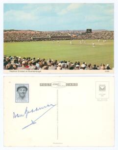 Don Bradman. Australia. &lsquo;Festival Cricket at Scarborough&rsquo; colour postcard signed to the back of the card by Bradman in blue ink. Good condition