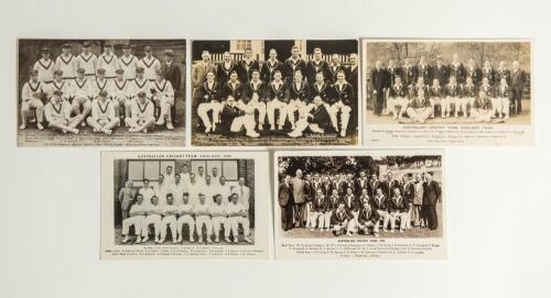 Australia. Five mono postcards, real photograph and printed, of Australian tour teams to England in 1926, 1930, 1934, 1948 and 1956. Postcards by Bolland (2), Photo-works etc. Sold with a advertising page for the Australian tour of England in 1953 with im