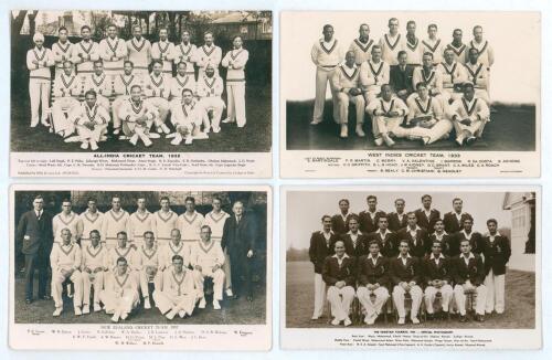 Test team tour postcards. Seven mono real photograph postcards of All-India 1932, West Indies 1933, New Zealand 1937, Pakistan 1954, South Africa 1955, South Africa (at Scarborough) 1960 and M.C.C. at Scarborough c1950&rsquo;s. Plus a colour postcard of Basque 