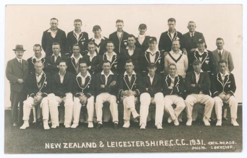 New Zealand tour to England 1931. &lsquo;New Zealand & Leicestershire C.C.C. 1931&rsquo;. Original mono real photograph postcard of the two teams seated and standing in rows wearing cricket attire and blazers for the drawn tour match played at Leicester 9th- 11th May
