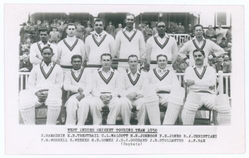 &lsquo;West Indies Cricket Touring Team 1950&rsquo;. Mono real photograph plain back postcard of the West Indies team seated and standing in rows wearing cricket attire, spectators in the background. Printed title and players&rsquo; names to lower border. Players include G