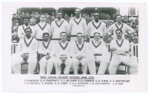 &lsquo;West Indies Cricket Touring Team 1950&rsquo;. Mono real photograph plain back postcard of the West Indies team seated and standing in rows wearing cricket attire, spectators in the background. Printed title and players&rsquo; names to lower border. Players include G