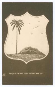 &lsquo;Badge of the West Indies Cricket Team 1923&rsquo;. Original sepia postcard depicting the West Indies cricket emblem. Printed description to verso describes &lsquo;This Badge representing a Royal Palm and the magnificent constellation of Orion was designed by Mr Alge