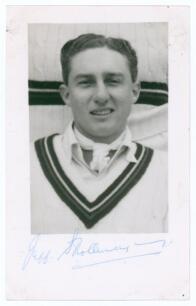 Jeffrey Baxter Stollmeyer. Trinidad & West Indies 1938-1957. Mono real photograph plain back postcard of Stollmeyer, head and shoulders wearing cricket attire. Signed in blue biro to the photograph by Stollmeyer. Annotation in ink to verso &lsquo;Autographed 30
