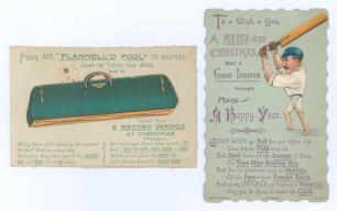 Victorian cricket Christmas cards c.1895. Two exquisite single-sided colour postcard size Christmas cards. One titled &lsquo;From one &ldquo;Flannell&rsquo;d Fool&rsquo; to another&rsquo;, features a cricket bag with flap-down front revealing contents of cricket equipment and address 