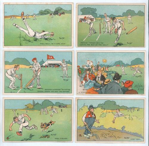 Davidson Bros. Series 6136 c.1905. Early comical cricket postcards. Full set of six Edwardian postcards, each of colour cartoons of a humorous cricket scene illustrating a cricket phrase or saying from originals by the artist Rene Bull. Titles are &lsquo;Well h