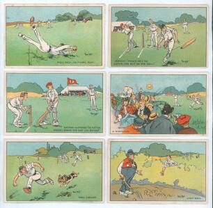 Davidson Bros. Series 6136 c.1905. Early comical cricket postcards. Full set of six Edwardian postcards, each of colour cartoons of a humorous cricket scene illustrating a cricket phrase or saying from originals by the artist Rene Bull. Titles are &lsquo;Well h