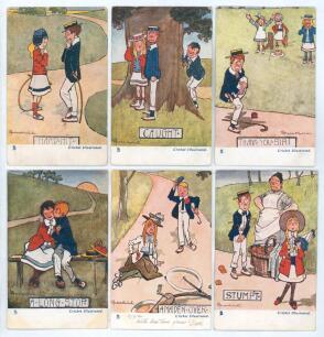 Raphael Tuck & Sons &lsquo;Cricket Illustrated Oilette&rsquo; series no. 6445 c.1904. Full set of six humorous Edwardian colour postcards of cartoons by S. Hebblethwaite. Titles are &lsquo;Hard Hit&rsquo;, &lsquo;Caught&rsquo;, &lsquo;Thank You Sir&rsquo;, &lsquo;A Long Stop&rsquo;, &lsquo;Stumpt&rsquo;, and &lsquo;A Maiden Over&rsquo;. 