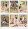 Raphael Tuck & Sons &lsquo;Cricket Illustrated Oilette&rsquo; series no. 6445 c.1904. Full set of six humorous Edwardian colour postcards of cartoons by S. Hebblethwaite. Titles are &lsquo;Hard Hit&rsquo;, &lsquo;Caught&rsquo;, &lsquo;Thank You Sir&rsquo;, &lsquo;A Long Stop&rsquo;, &lsquo;Stumpt&rsquo;, and &lsquo;A Maiden Over&rsquo;. 
